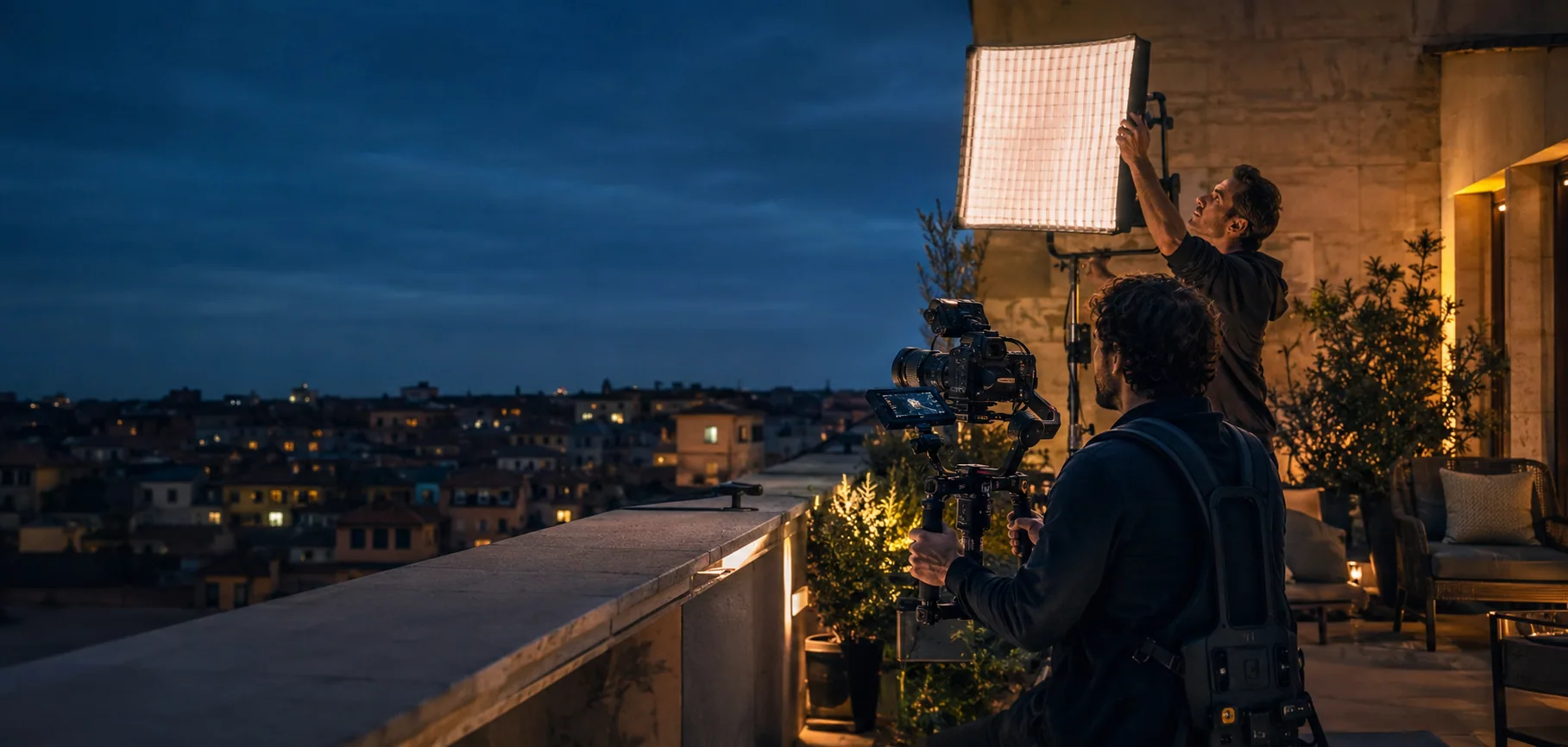 Crew video professionale con camera su gimbal e luce diffusa durante una produzione su una terrazza a Roma